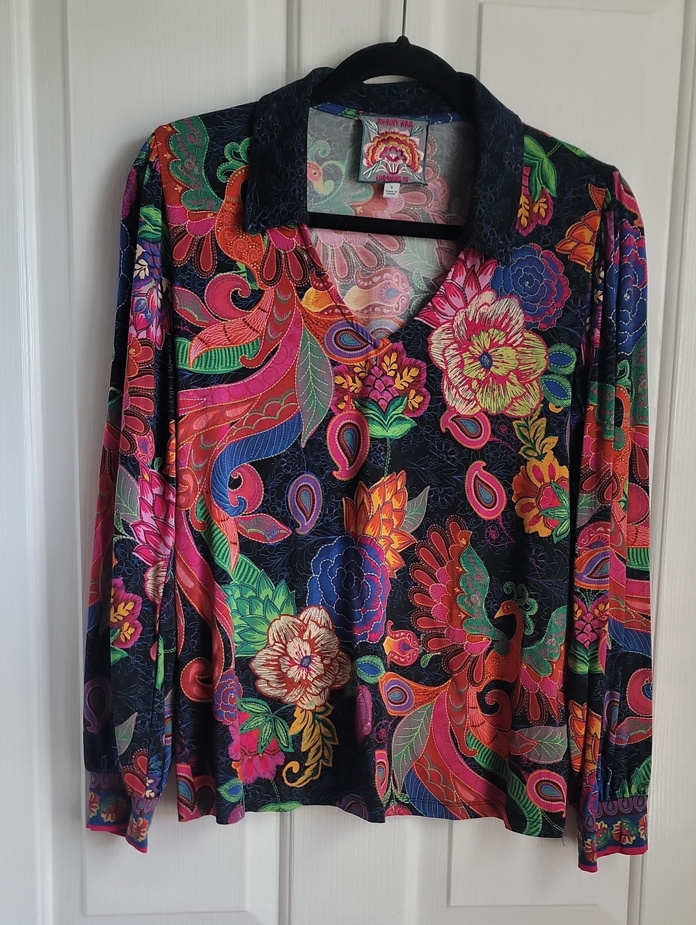 Johnny Was Black Multi Floral V-Neck Long Sleeve Top Vibrant Color Small S Bird